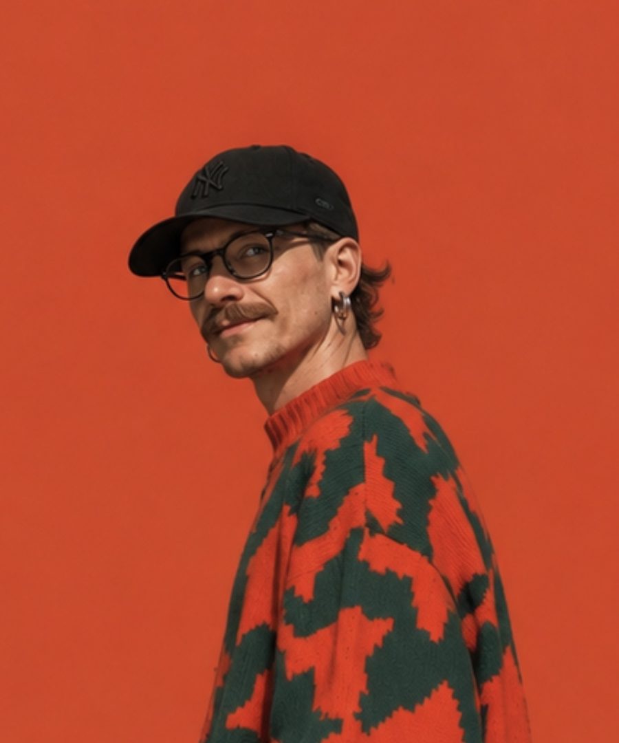 Portrait of Christopher Heidebrecht in a cap and glasses against a red-orange wall